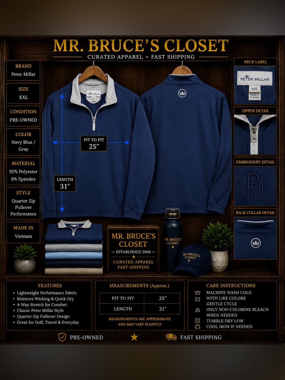 Peter Millar Navy & Gray Quarter-Zip Performance Pullover